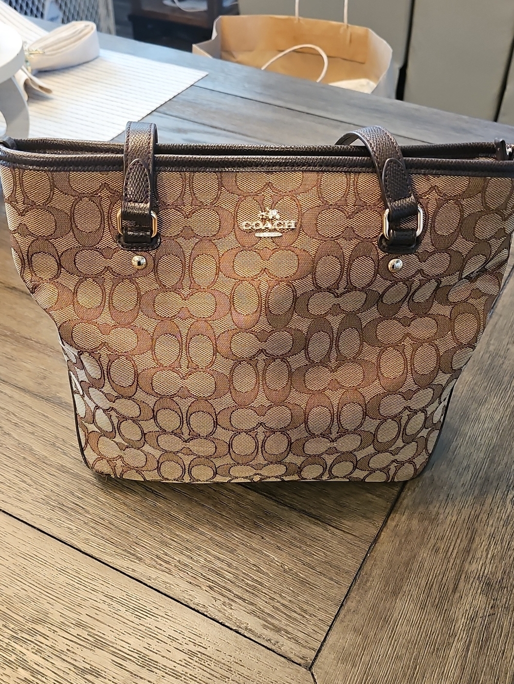 Coach Brown Signature Jacquard Tote with Dark Brown Trim